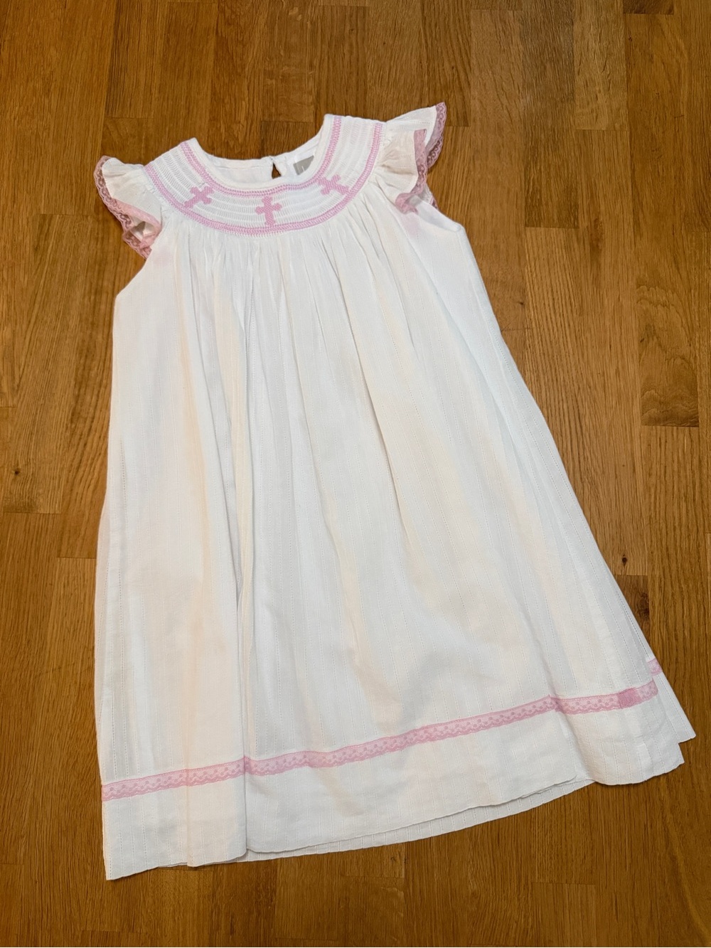 Lil Cactus 5 White Smocked Yoke Bishop Dress Pink Cross Lace Trim